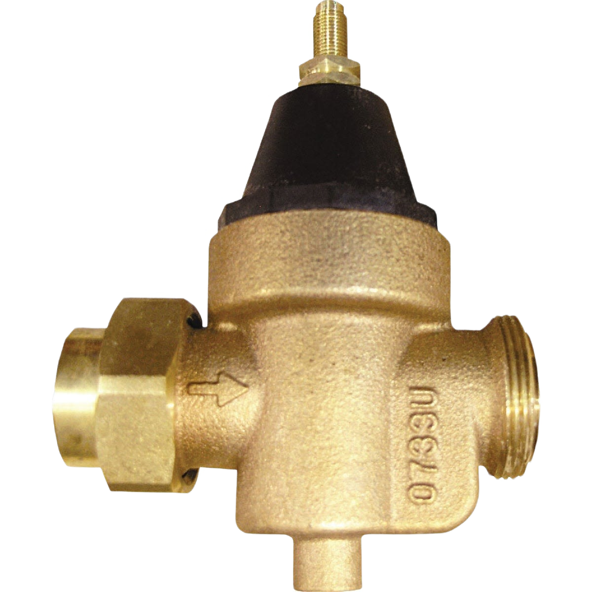 Brass water pressure reducing valve with threaded connections for residential plumbing and home improvement projects