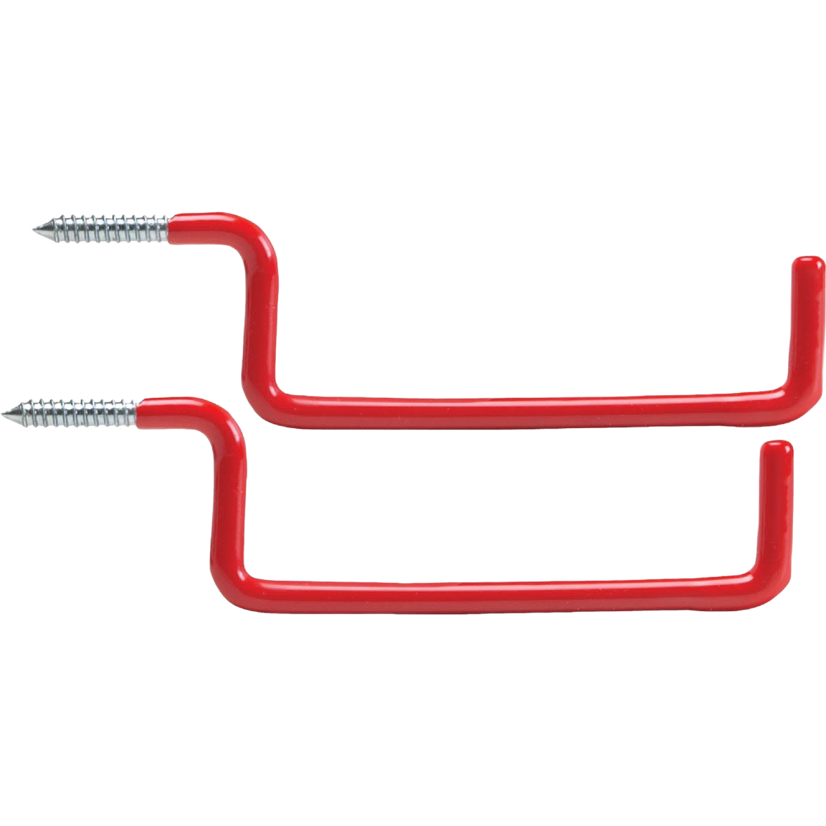 Set of two red vinyl-coated screw-in hooks designed for secure storage and organization in hardware collections under $50