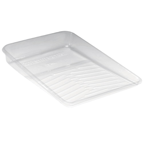 Clear deep well paint tray liner made from durable solvent-resistant PET for painting tools and home improvement tasks