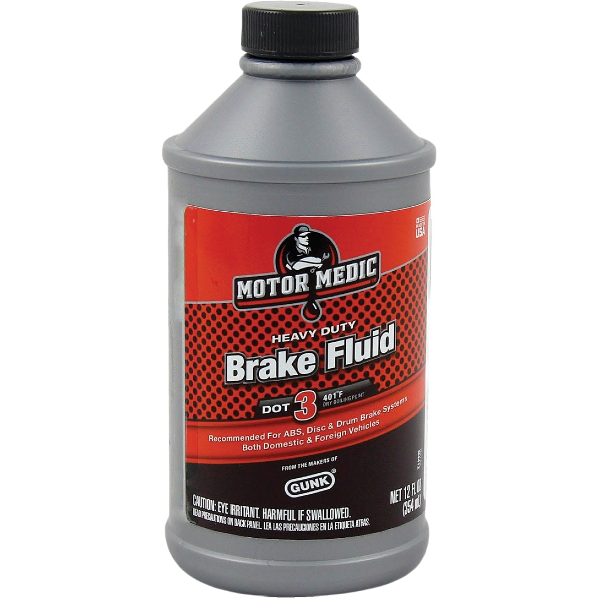 Gray plastic bottle of heavy-duty brake fluid labeled for automotive fluids and lubricants under $50 category