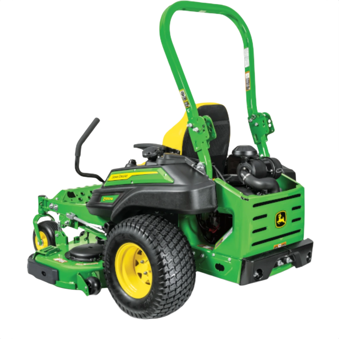 Rear angle view of green and yellow zero-turn mower with 60-inch deck and airless tires for home improvement tasks