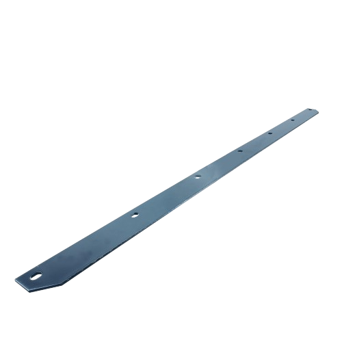 Long metal scraper blade with multiple mounting holes for snow blower maintenance and replacement tasks