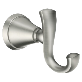 Brushed nickel double robe hook with curved design for home improvement and organization projects