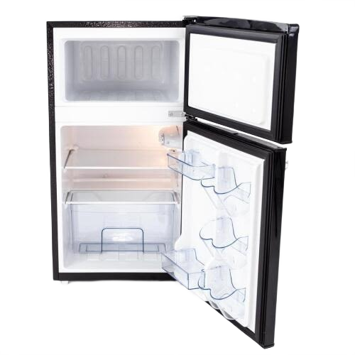 Open compact black retro style refrigerator with freezer compartment and clear door shelves in mini refrigerators and kitchen appliances collections