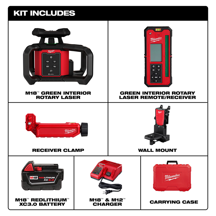 Milwaukee M18 green rotary laser kit with remote, receiver clamp, wall mount, battery, charger, and carrying case for home projects