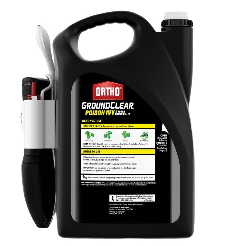 Black container of Ortho GroundClear brush and poison ivy killer with attached comfort wand for easy spraying tasks