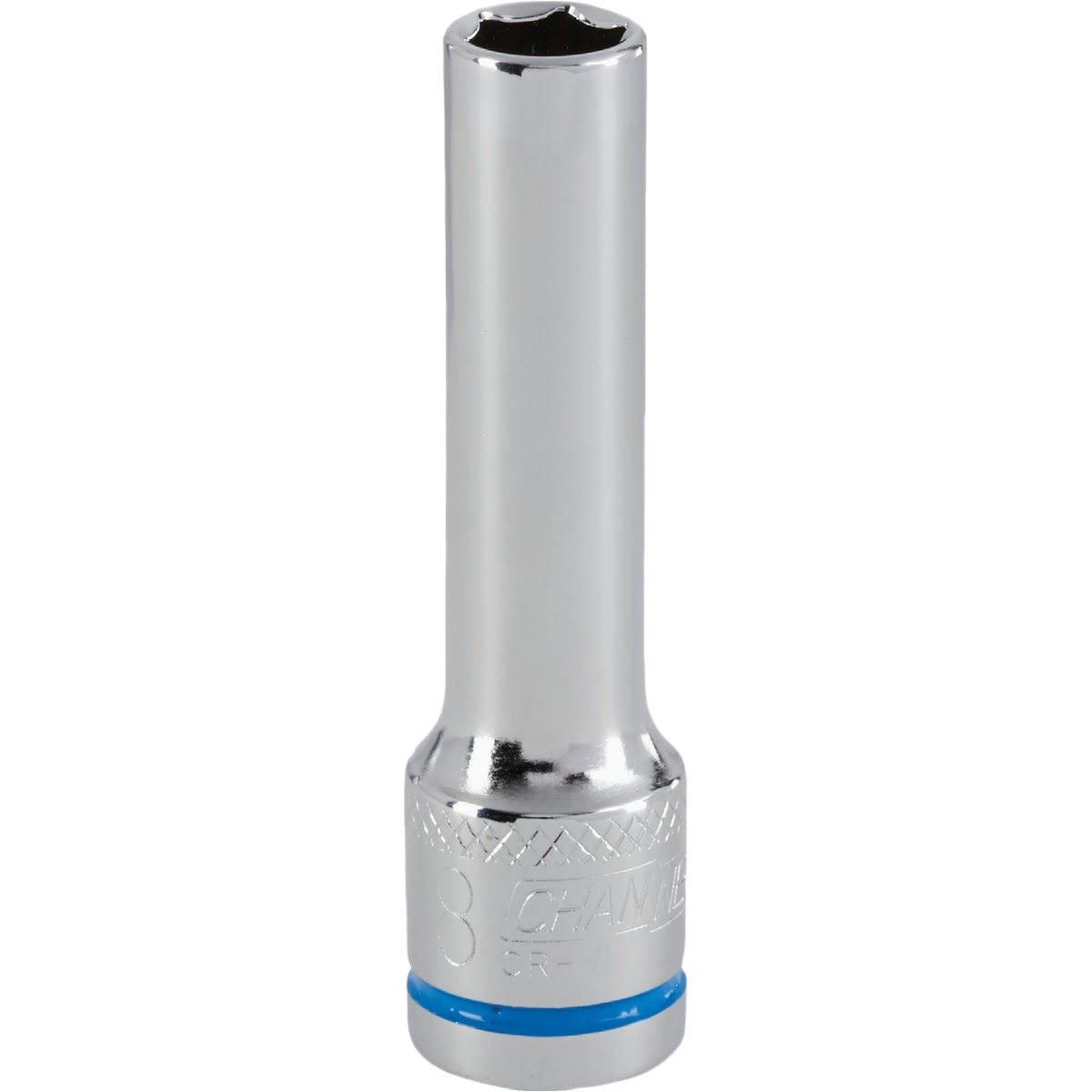 Chrome-finished deep 8mm 6-point socket with textured grip band for sockets and ratchets in woodworking tools under $50.