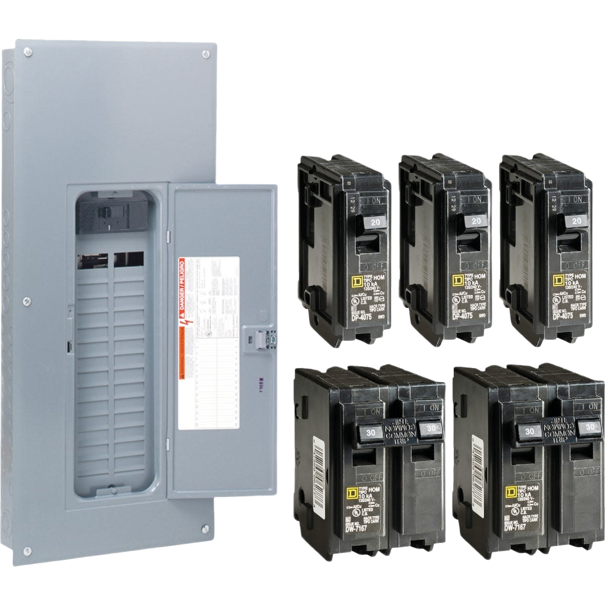 Gray electrical load center panel with multiple black circuit breakers for home improvement and tools use