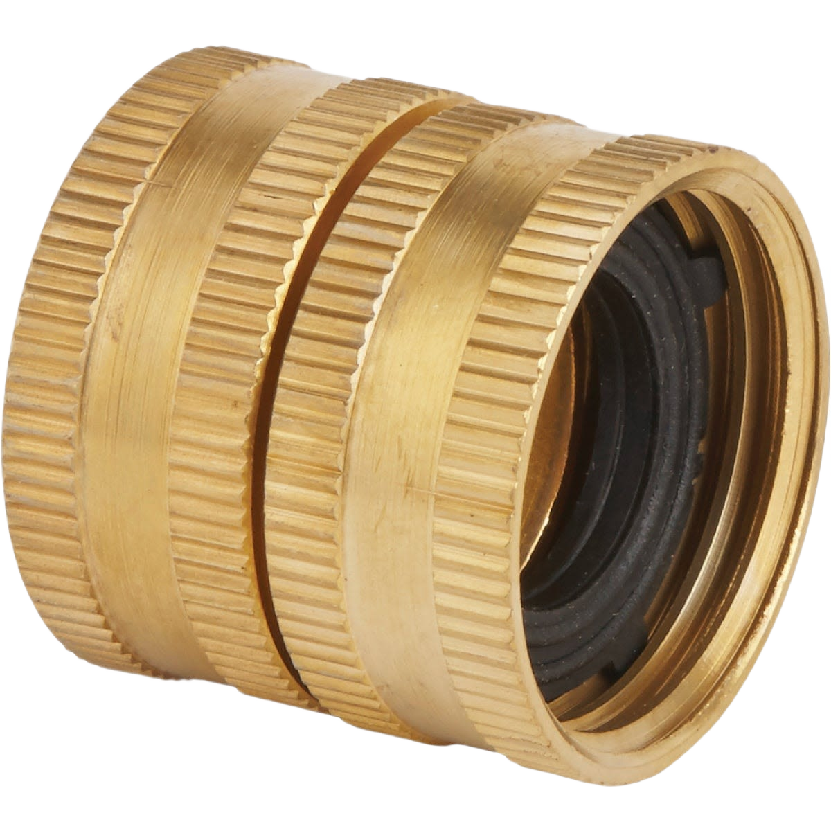 Brass swivel garden hose connector with ribbed grip and rubber gasket for tools and home improvement use