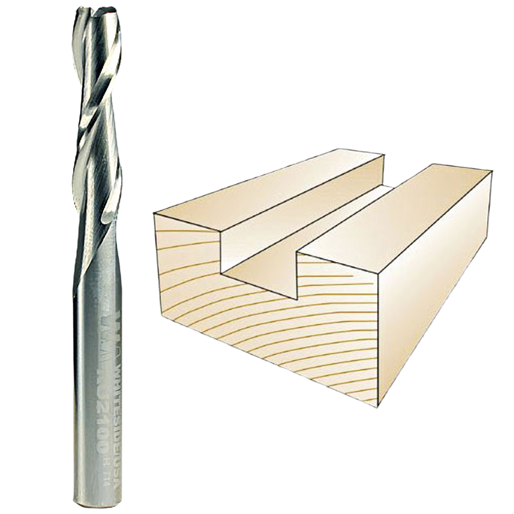 Metal spiral upcut bit next to graphic of a wood mortise cut, for tooling and home improvement use