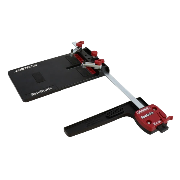 Adjustable saw guide accessory with red clamps and black base for precise cutting in power tool collections