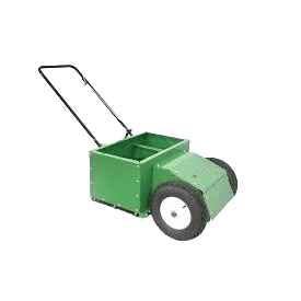 Green walk-behind spreader with large black tires and black handle, part of Earth & Turf rental equipment for lawn and turf care at Hartville Hardware.