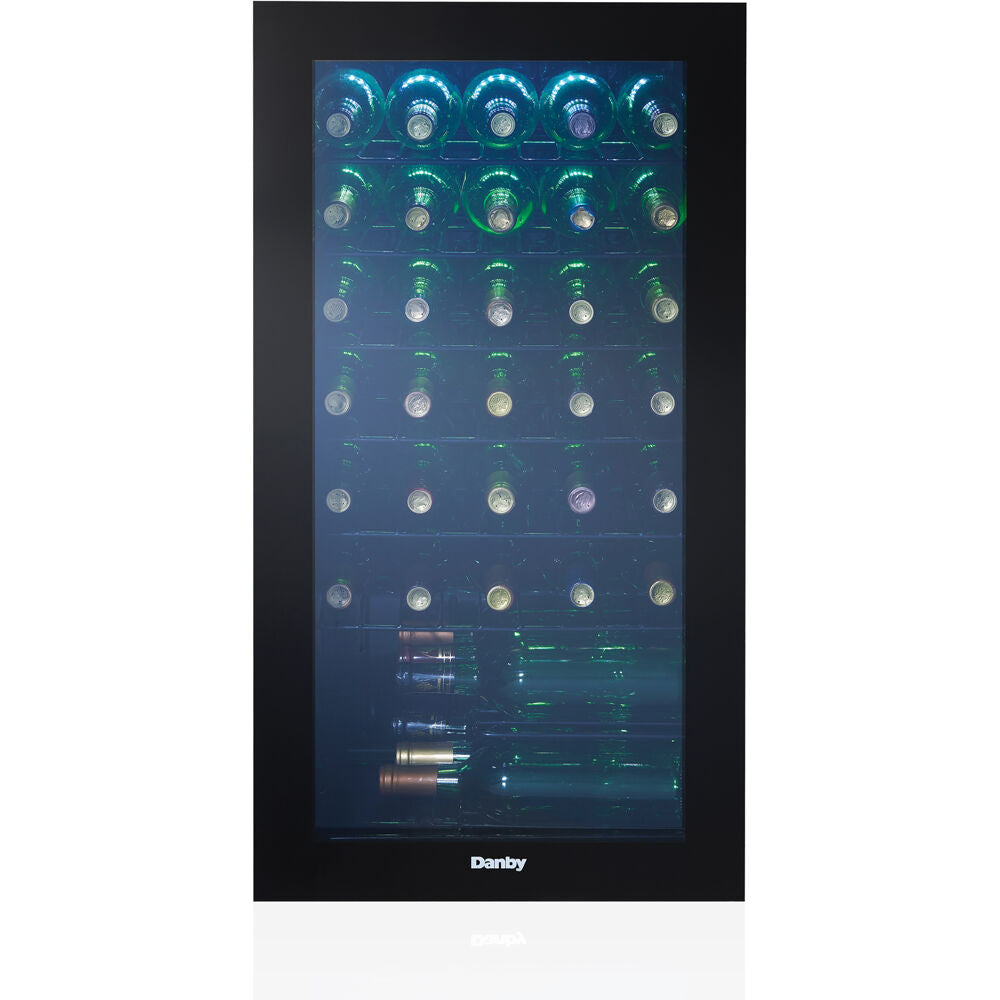 Free-standing 36 bottle wine cooler with black frame, blue interior lighting, and wire shelves in kitchen appliance collection