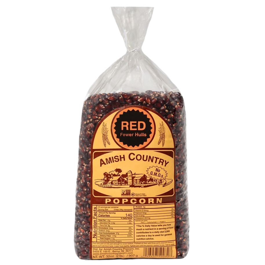 2 lb. bag of Amish Country red popcorn kernels with fewer hulls for snacking in chips and snacks collection
