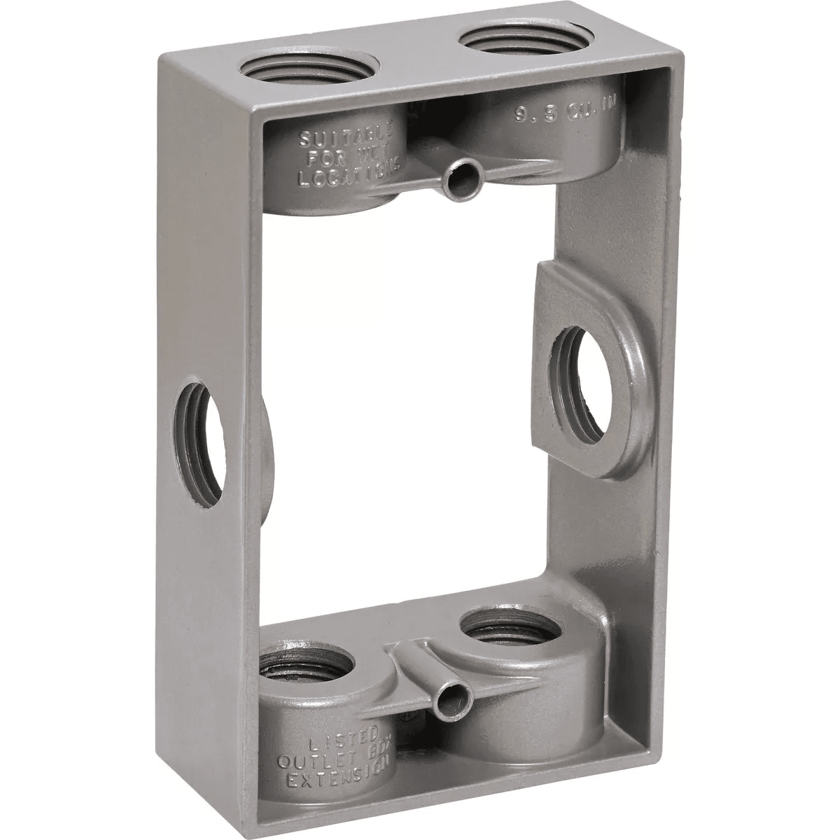 Metal weatherproof extension ring with six holes and one gang opening for tools and home improvement use
