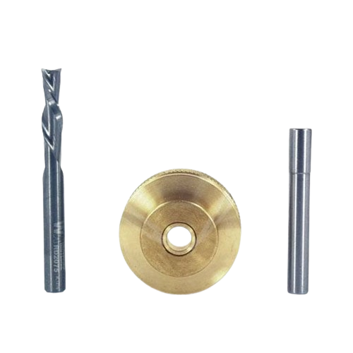 Large brass inlay kit components including a cutter bit, brass guide ring, and steel pilot pin for tool accessories collections