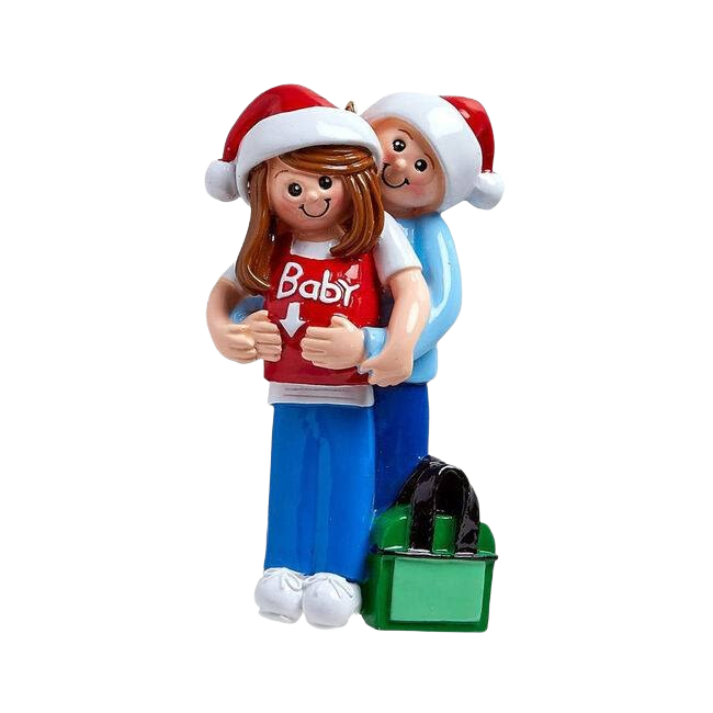 Couple in Santa hats hugging with "Baby" shirt and green gift bag from Christmas Ornaments & Tree Decorations collection
