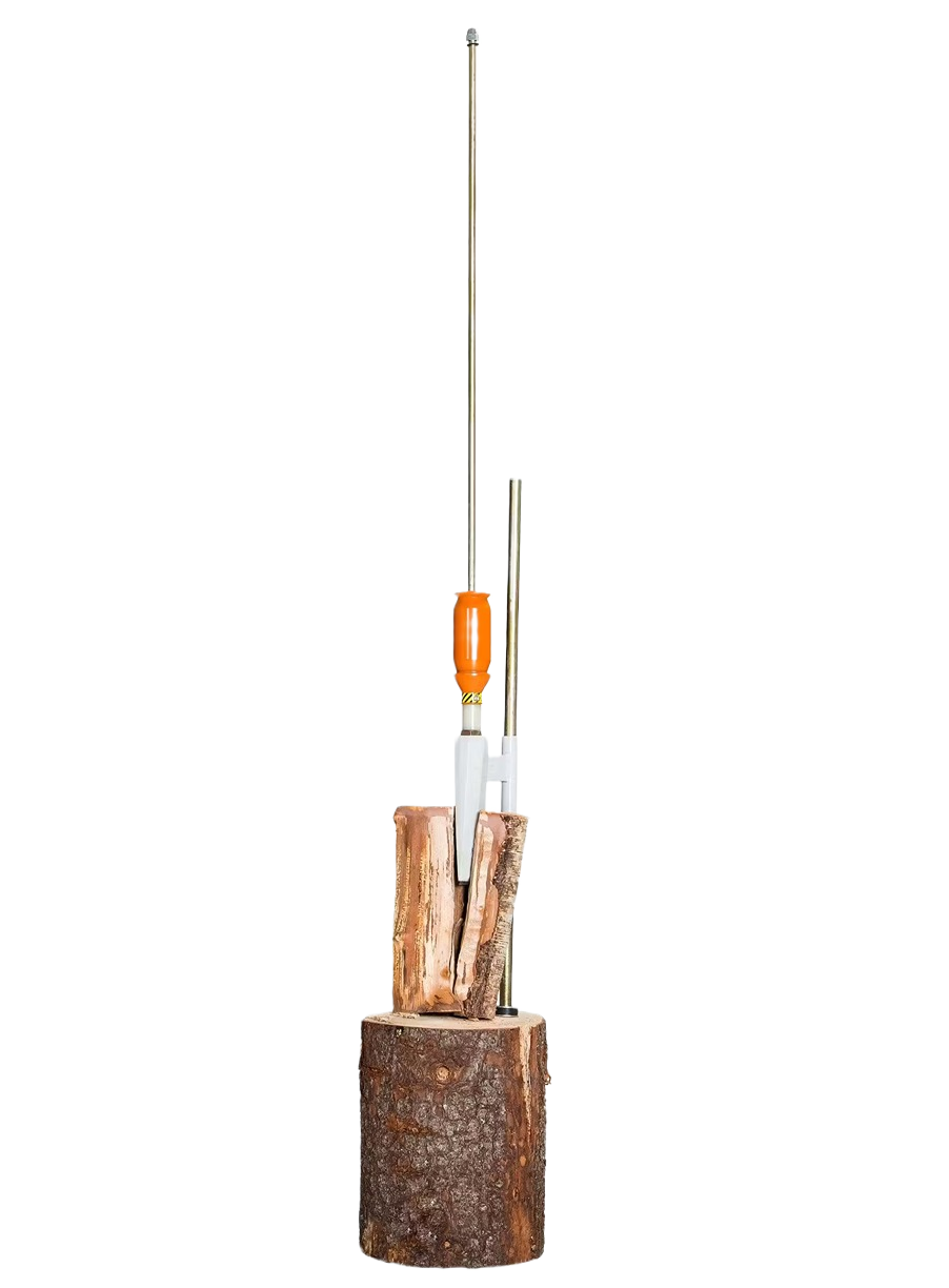 Ergonomic log splitter with metal lever and orange handle for efficient wood splitting in home improvement projects