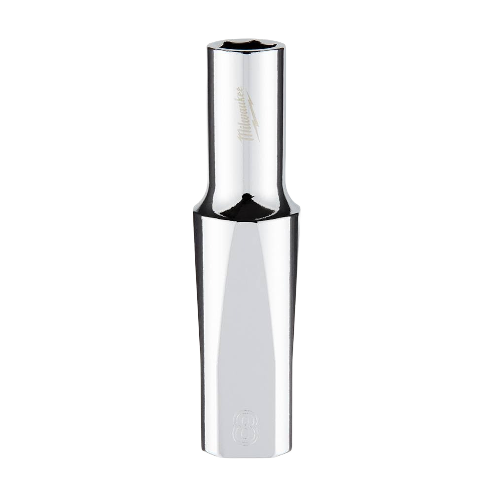 Polished chrome 8mm 6-point deep socket with flat sides for enhanced grip in tools and home improvement tasks