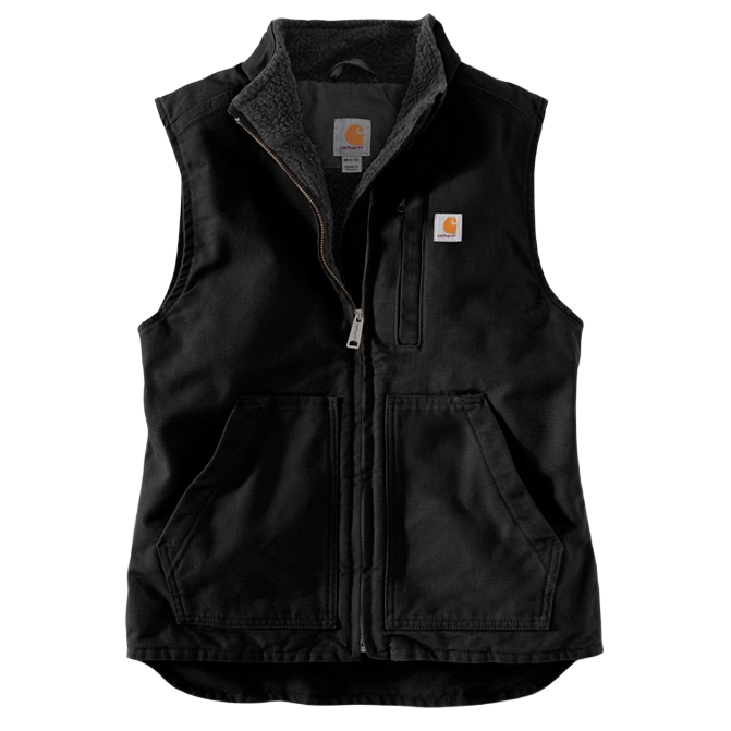 Black sherpa lined vest with durable cotton duck fabric for women’s outerwear and clothing under $100 collections