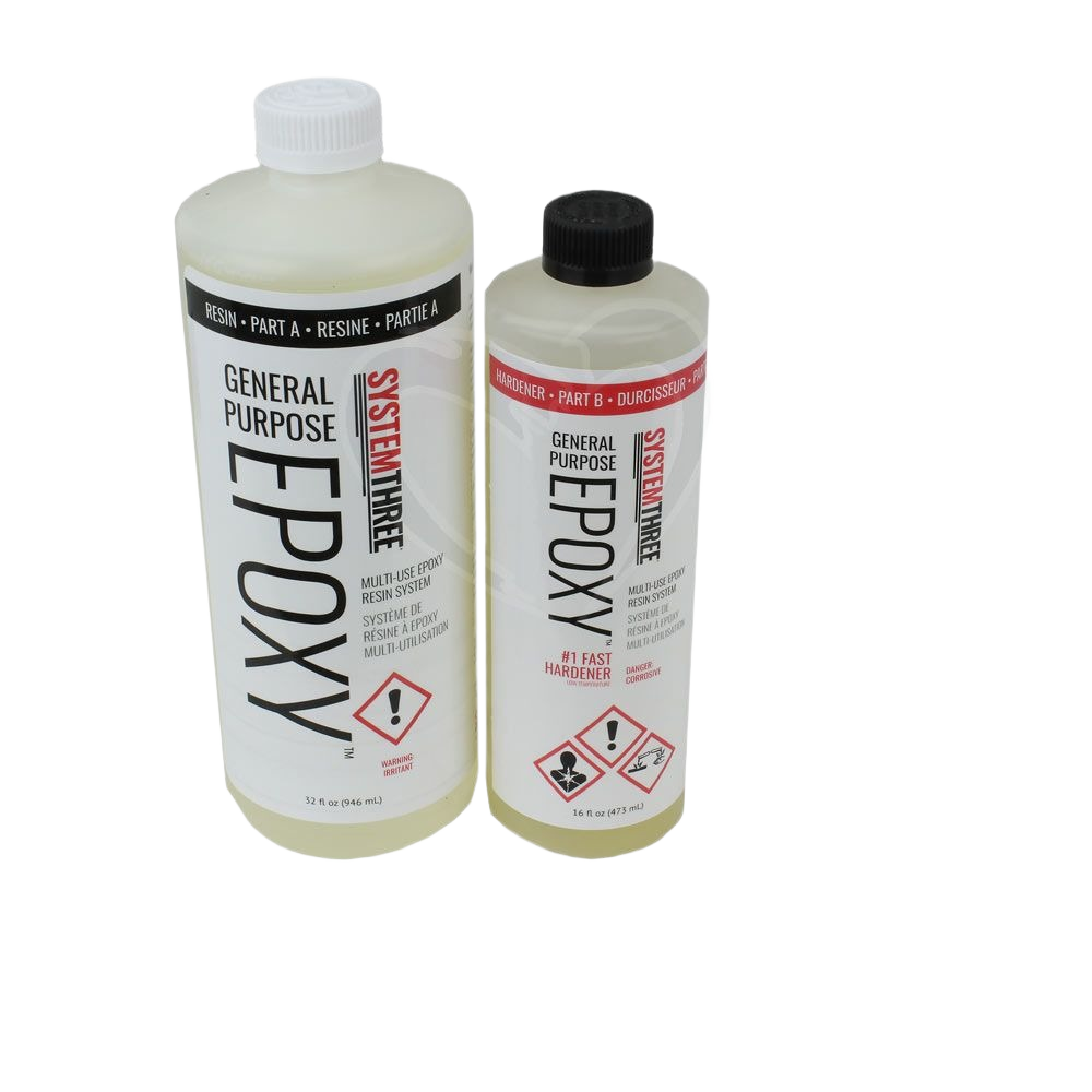 Two clear plastic bottles of system three general purpose epoxy resin and fast hardener for home improvement projects