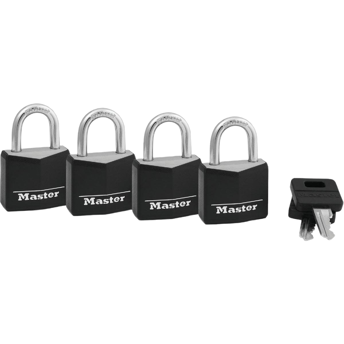 Set of four black covered keyed alike padlocks with hardened steel shackles and two matching keys for home improvement.