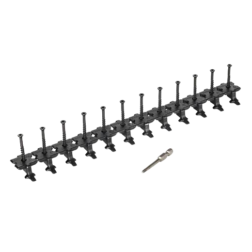 Black plastic decking fastener strip with attached screws and separate drill bit for home improvement projects