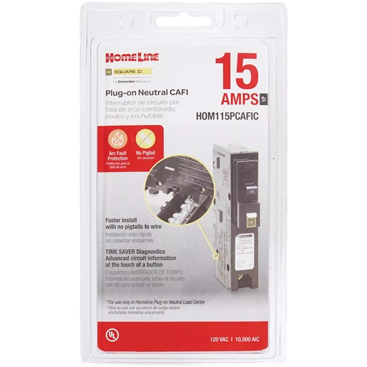 15 amp single-pole combination arc fault breaker with plug-on neutral for improved home electrical safety and installation