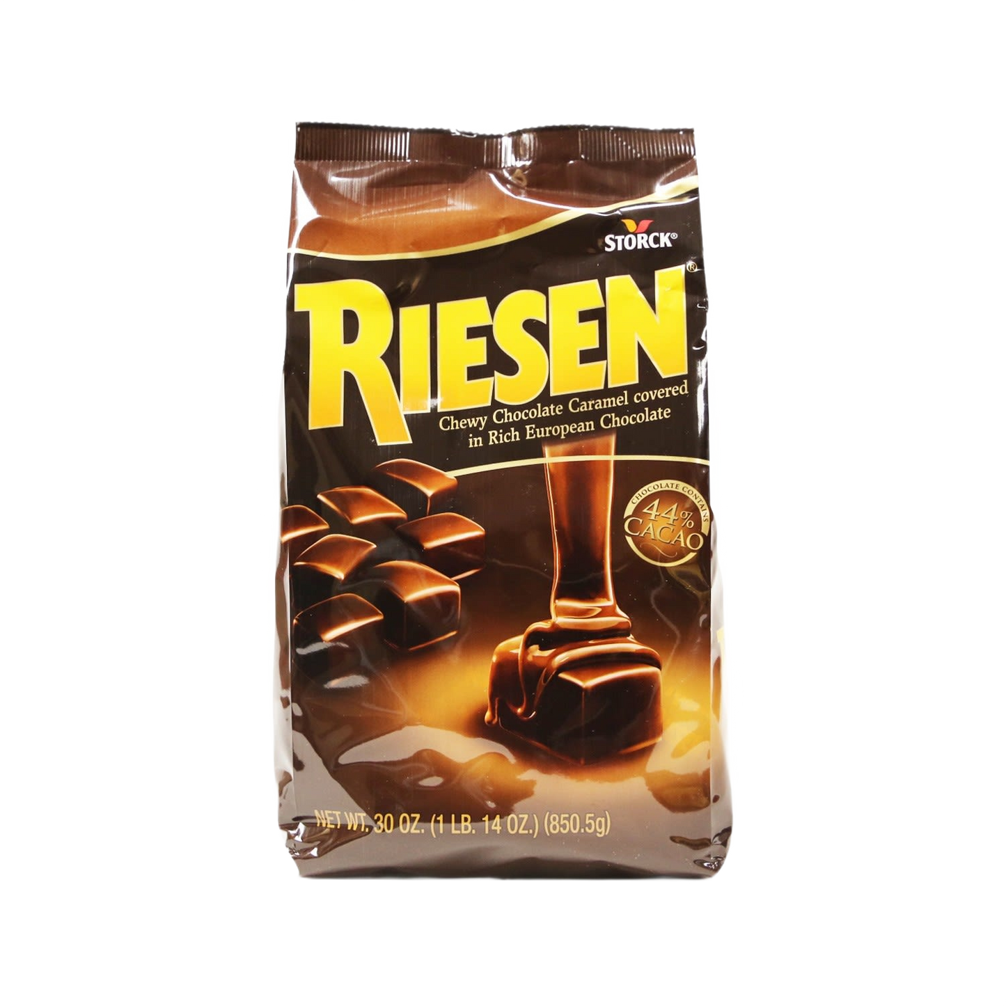 30 oz. bag of chewy chocolate caramel candy pieces coated in rich European chocolate with 44% cacao content