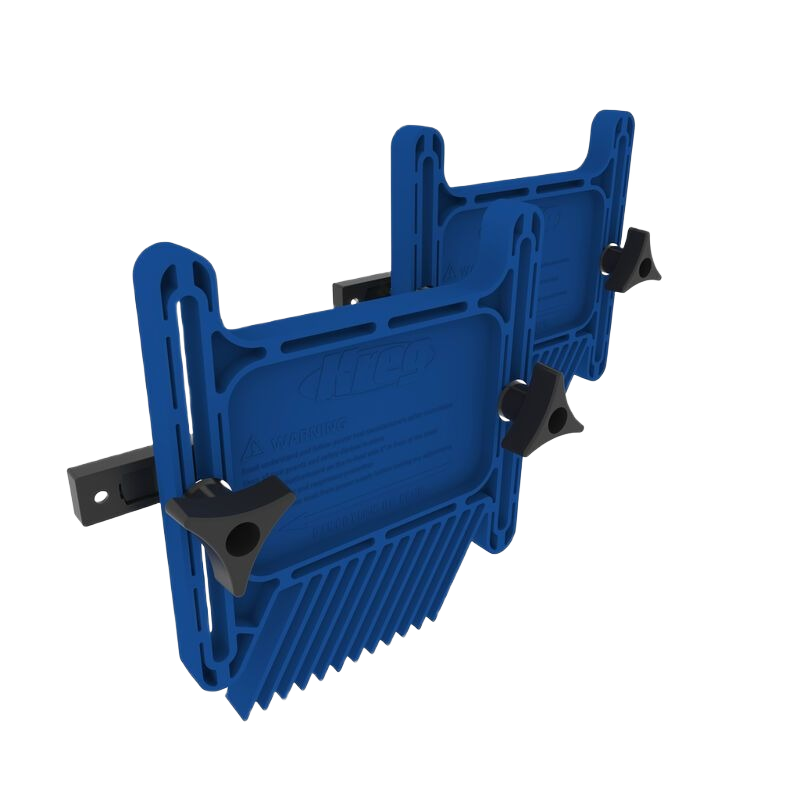 Pair of blue adjustable featherboards with black knobs for saw accessories and power tool safety in home improvement collections