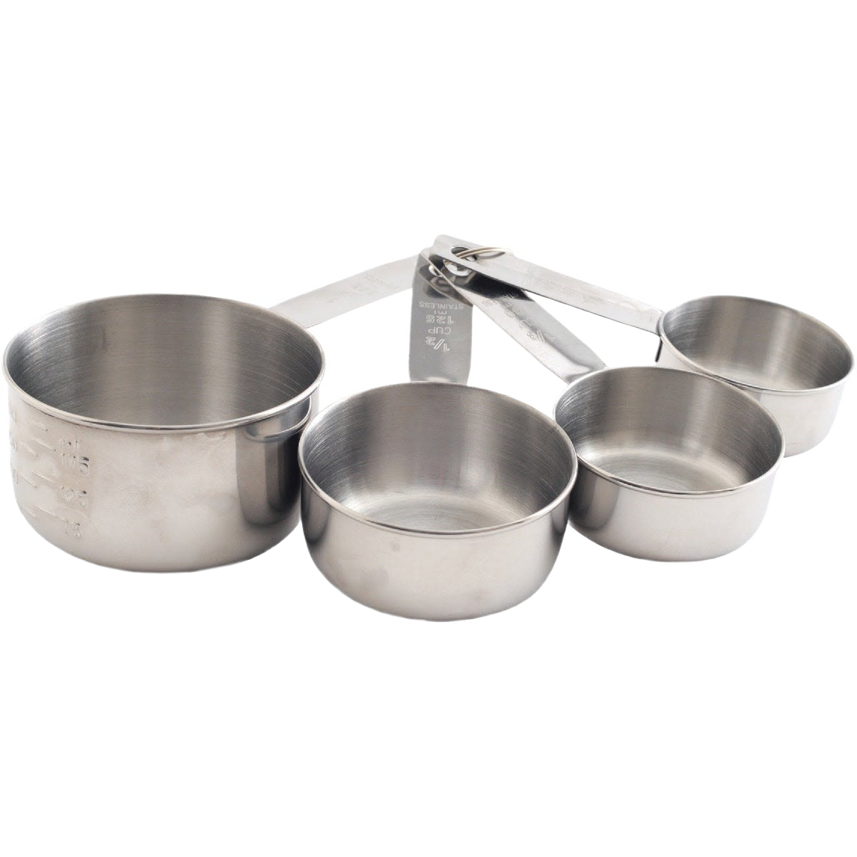 Set of four stainless steel measuring cups with metric and standard markings for kitchen gadgets and tools collections