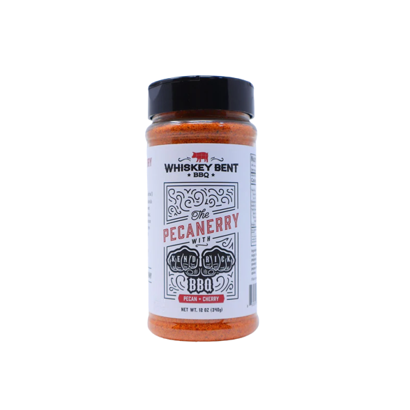 Plastic jar of gluten-free pecan and cherry BBQ rub with black lid for seasoning and grilling recipes
