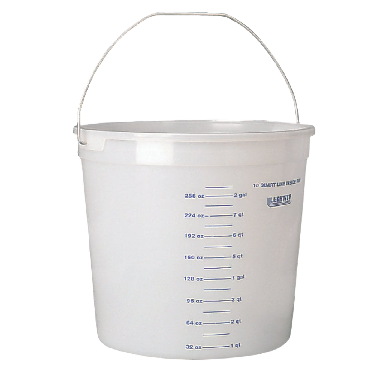 Clear white 10 quart paint bucket with printed measurement lines and metal handle for home improvement tasks