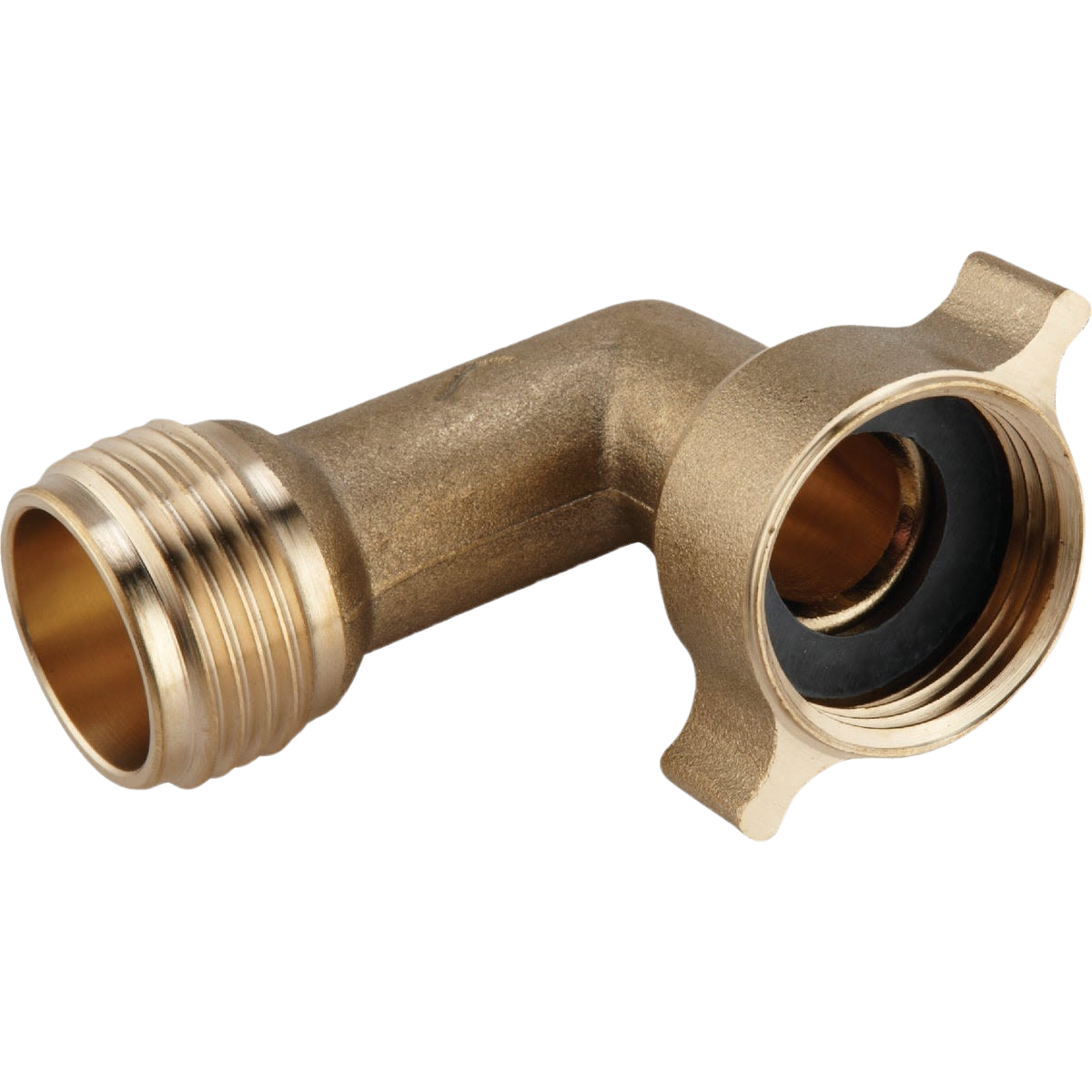 Brass 90-degree water hose elbow with threaded ends and rubber gasket for tools and home improvement use