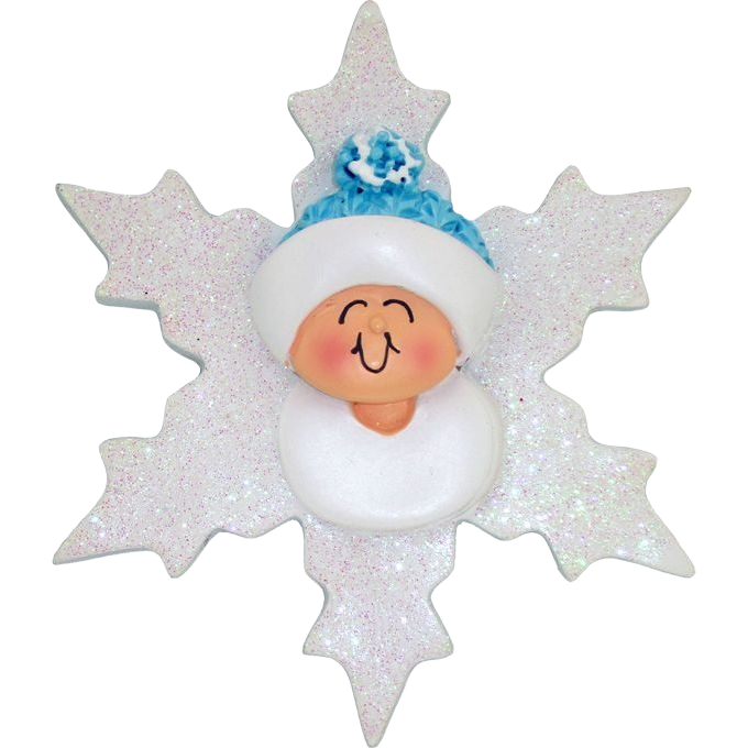 Blue baby snowflake ornament with smiling face wearing blue hat for Christmas Ornaments & Tree Decorations under $50