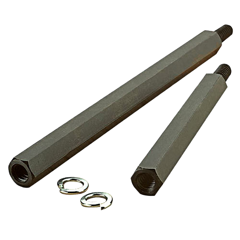 Two gray metal extension shafts with hexagonal bodies and two small washers for tool and home improvement use under $50