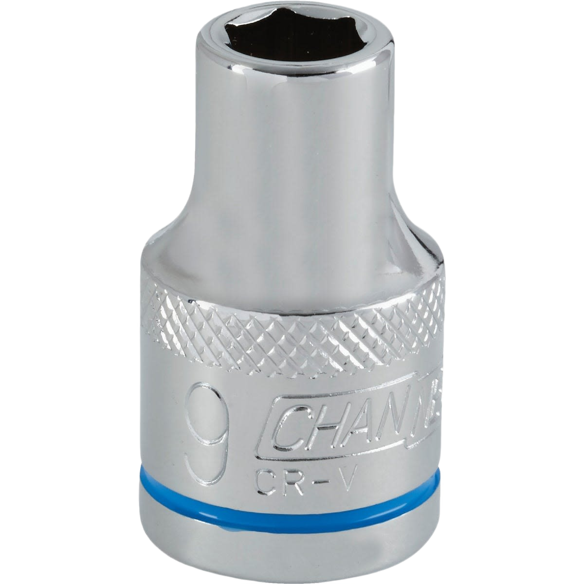 Polished shallow 9mm 6-point socket with textured grip and blue band for clear metric ID in hand tools collection