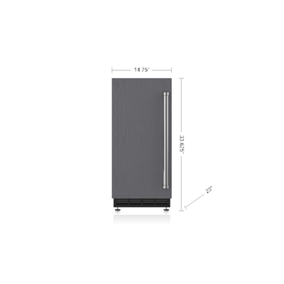 Vertical stainless steel undercounter ice maker with handle and ventilation grilles at base for home improvement use
