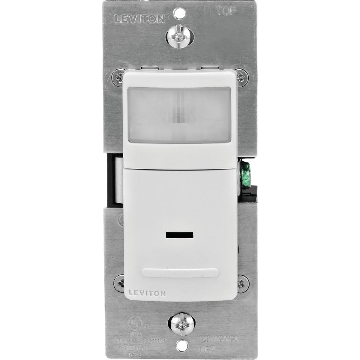 White Leviton motion sensor switch with metal mounting plate for tools and home improvement applications