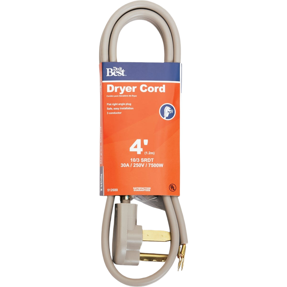 4-foot beige dryer cord with flat right angle plug designed for home improvement and appliance use