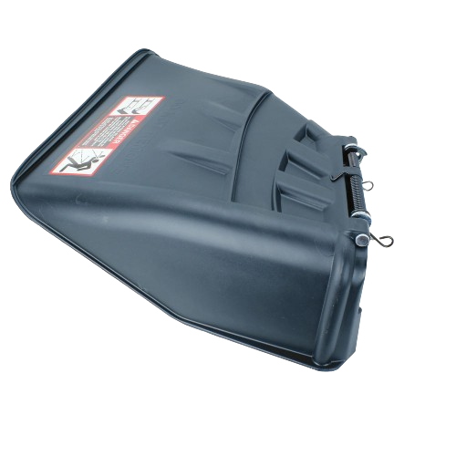 Black plastic side discharge chute attachment designed for lawn mower grass clippings in home improvement tasks