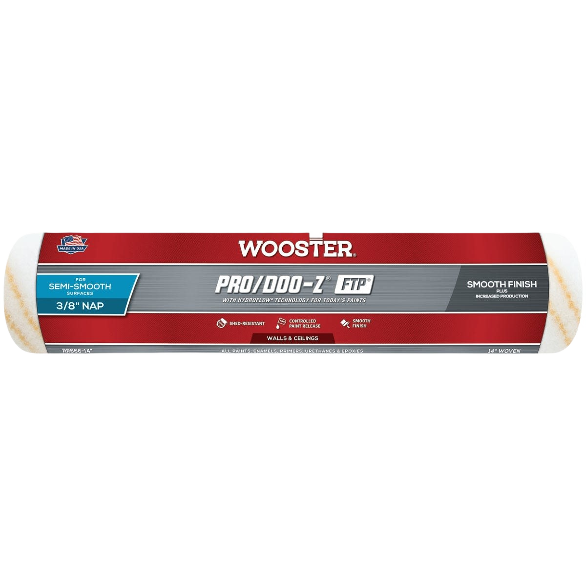 Paint roller cover with 3/8-inch nap for smooth to semi-smooth surfaces, ideal for walls and ceilings in home improvement projects