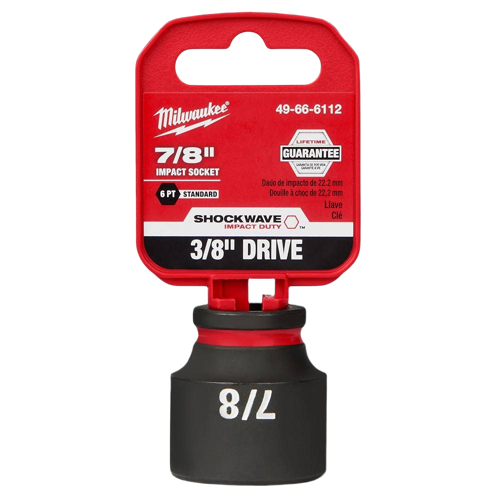 Black 7/8 inch 6-point impact socket with red and black label for tools and home improvement applications