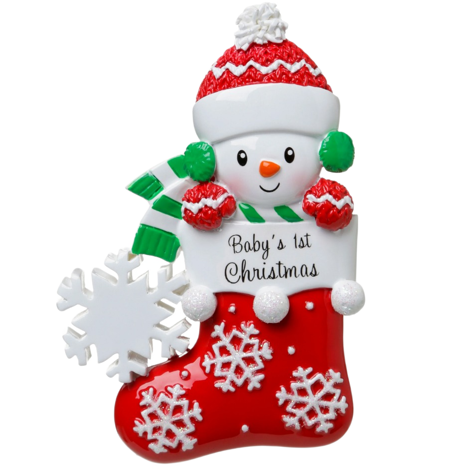 Cute baby snowman in red stocking wearing knitted hat and mittens, holding snowflake, festive Christmas decoration