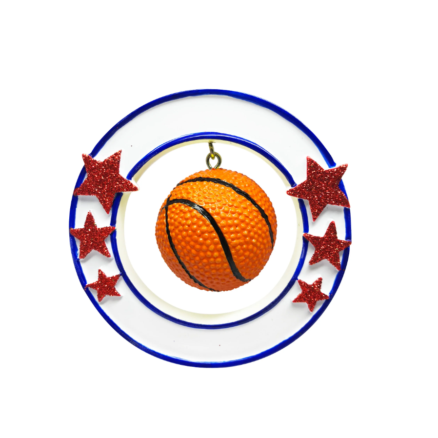 3D basketball ornament with textured ball suspended inside blue ring decorated with red glitter stars for Christmas decor under $50 collection