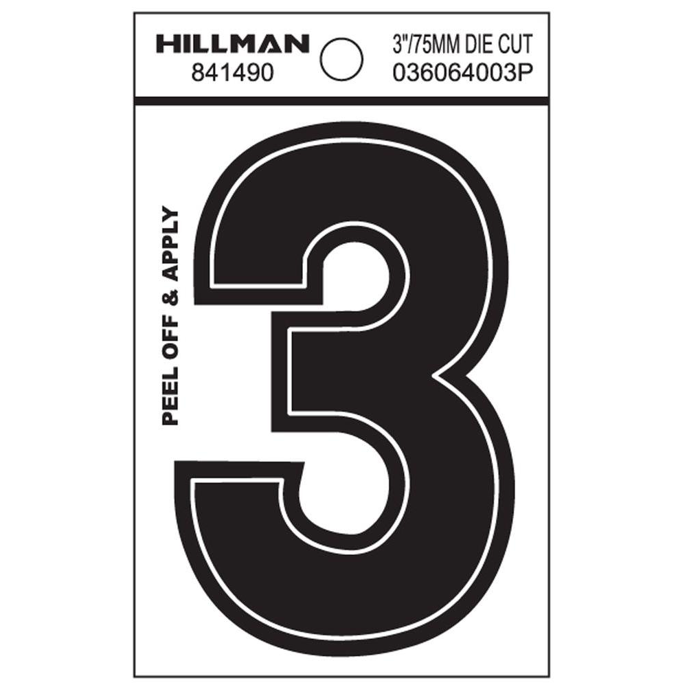 Black adhesive house number 3 with bold white outline for home improvement and address marking projects