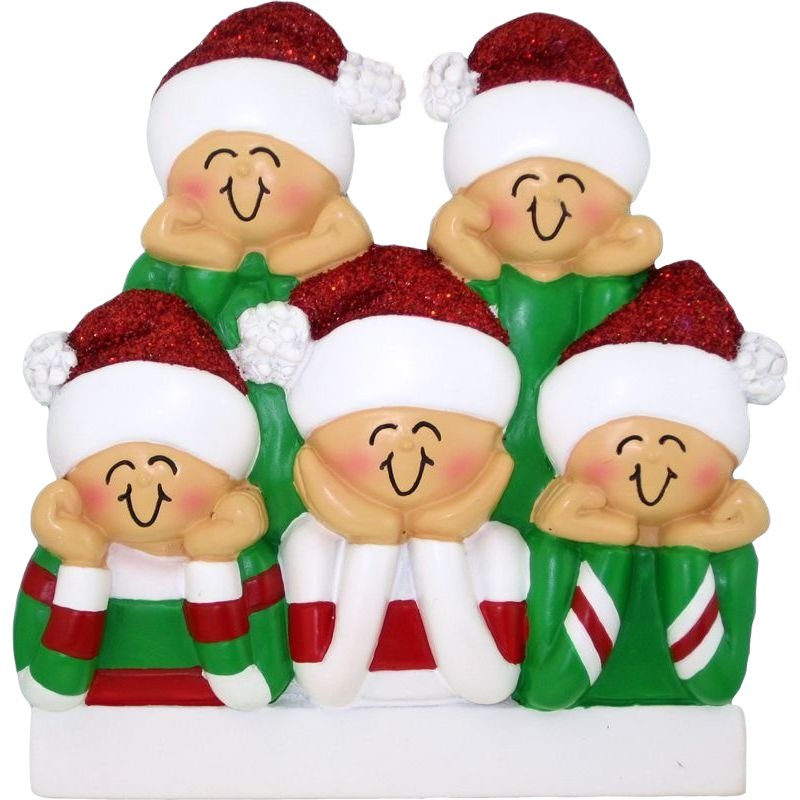 Cheerful ornament with five smiling figures wearing red glitter Santa hats in holiday decorations collection