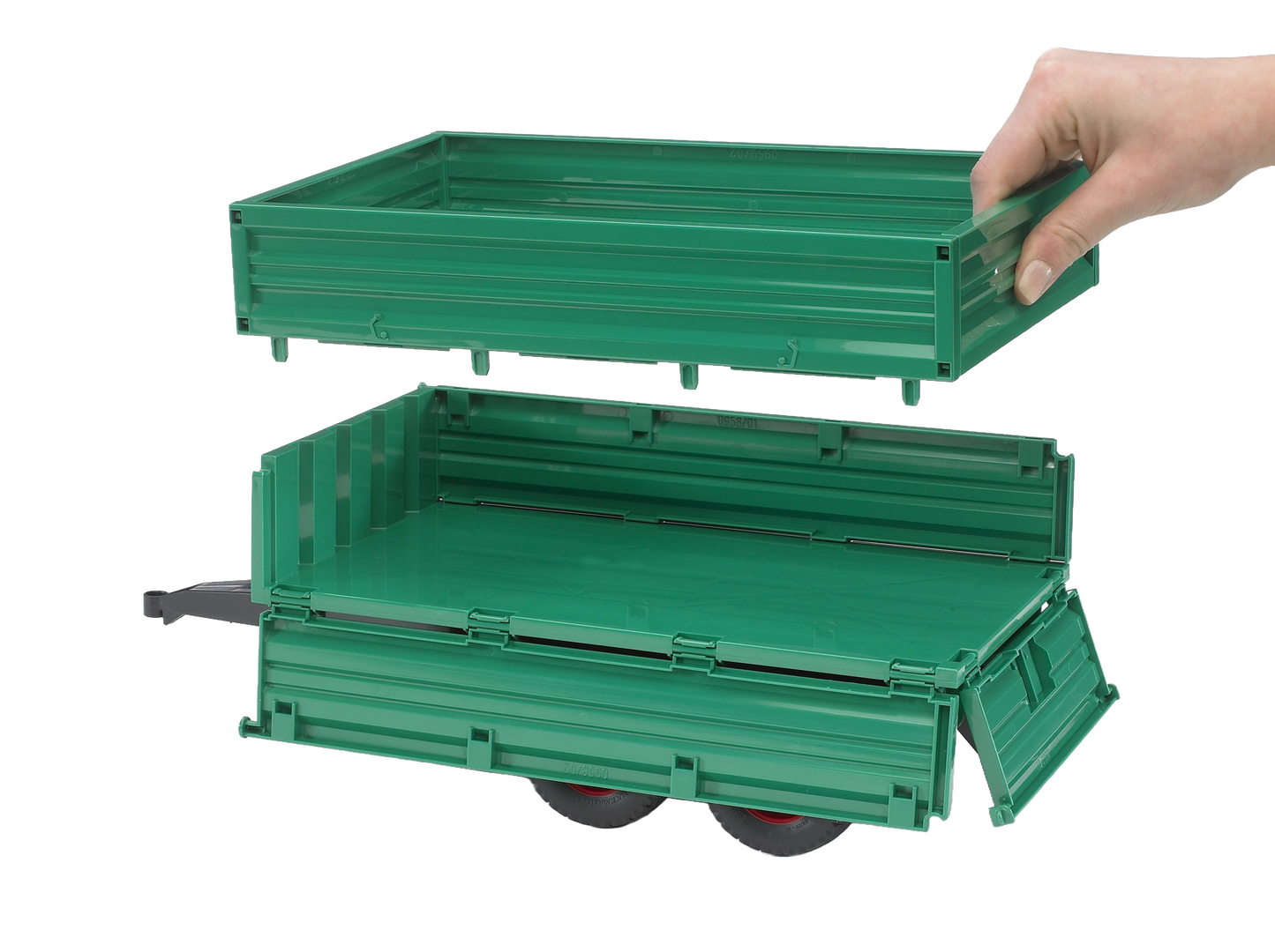 Green tandem axle trailer toy with removable top and opening gates on three sides from Bruder Toys collection