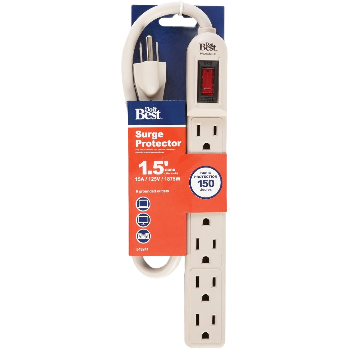 White grounded surge protector strip with six outlets and 1.5-foot cord for tools and home improvement use