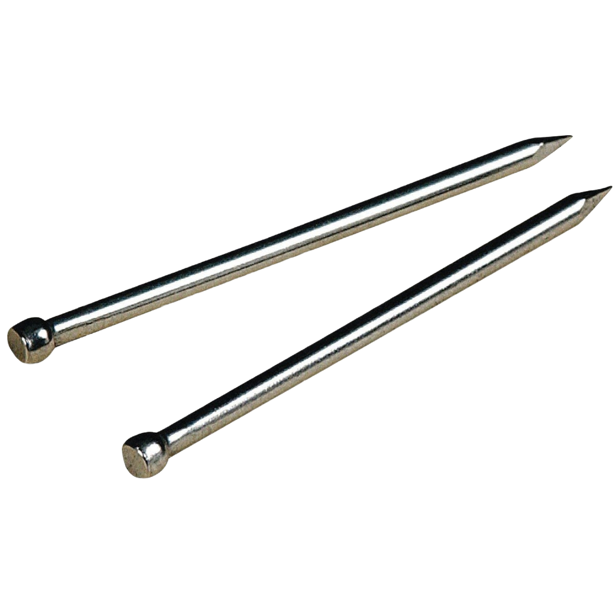 Two silver-colored metal wire brads for fasteners in hardware and home improvement projects